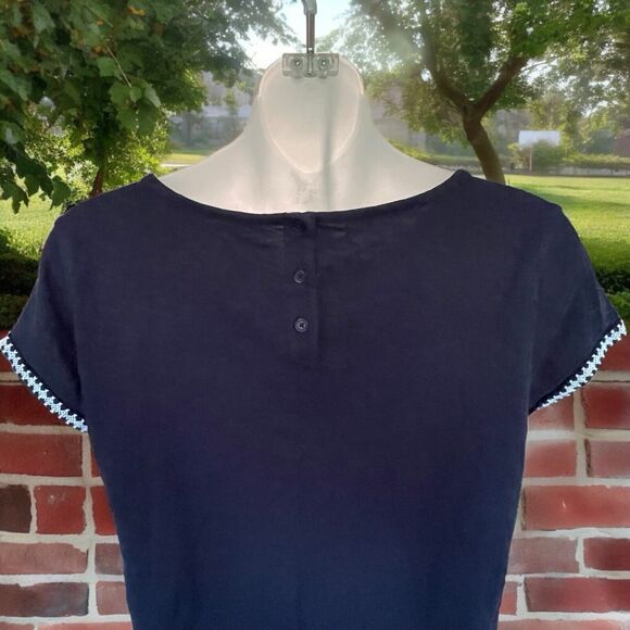 TALBOTS TOP Womens Size S Petite Short Sleeve Navy Cross stitch Cotton Tee - Picture 7 of 8
